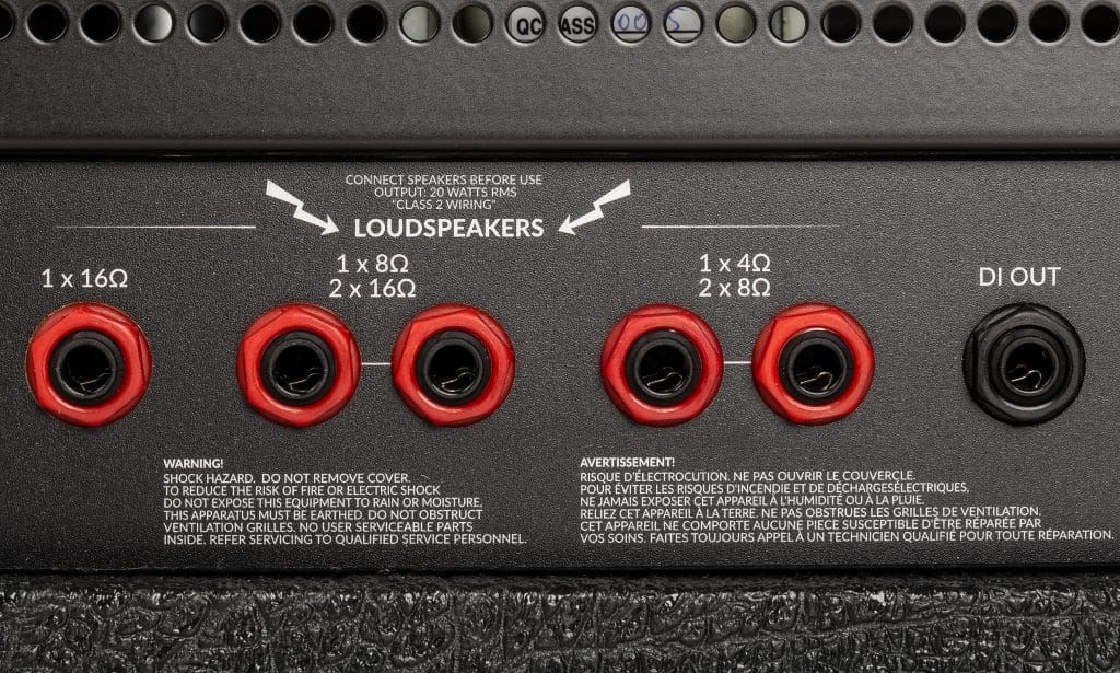 Il pannello dei collegamenti presenta cinque connessioni per speaker sulla sinistra, contrassegnate in rosso, seguite dall'uscita DI-out, che non mi ha convinto durante il test.