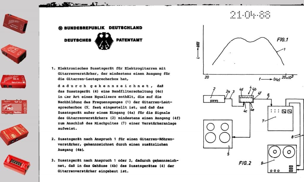 Il Red Box è stato brevettato nel 1988 come DI box a correzione di frequenza per registrazioni di chitarra.