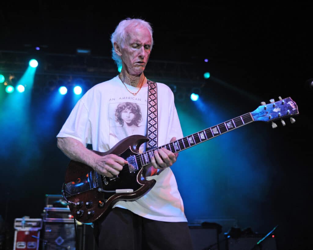 POMPANO BEACH, FL - AUGUST 15: Waylon Krieger and Robby Krieger perform at the Pompano Beach Ampitheatre on August 15, 2015 in Pompano Beach, FloridaPeople:  Robby Krieger