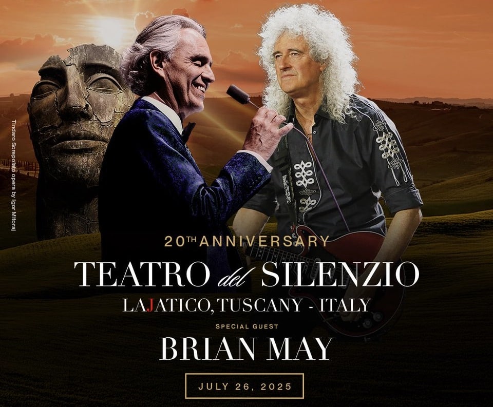Brian May torna in Italia sul palco con Andrea Bocelli. I due saranno insieme il 26 Luglio sul palco del Teatro del Silenzio.
