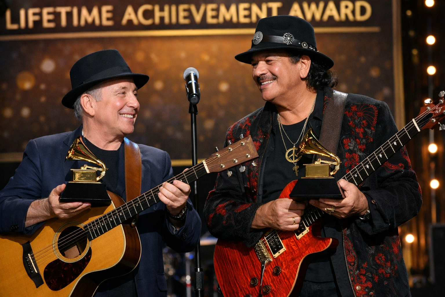 Dopo anni e anni di musica Paul Simon e Carlos Santana ricevono il premio alla carriera ai Grammy Awards 2026