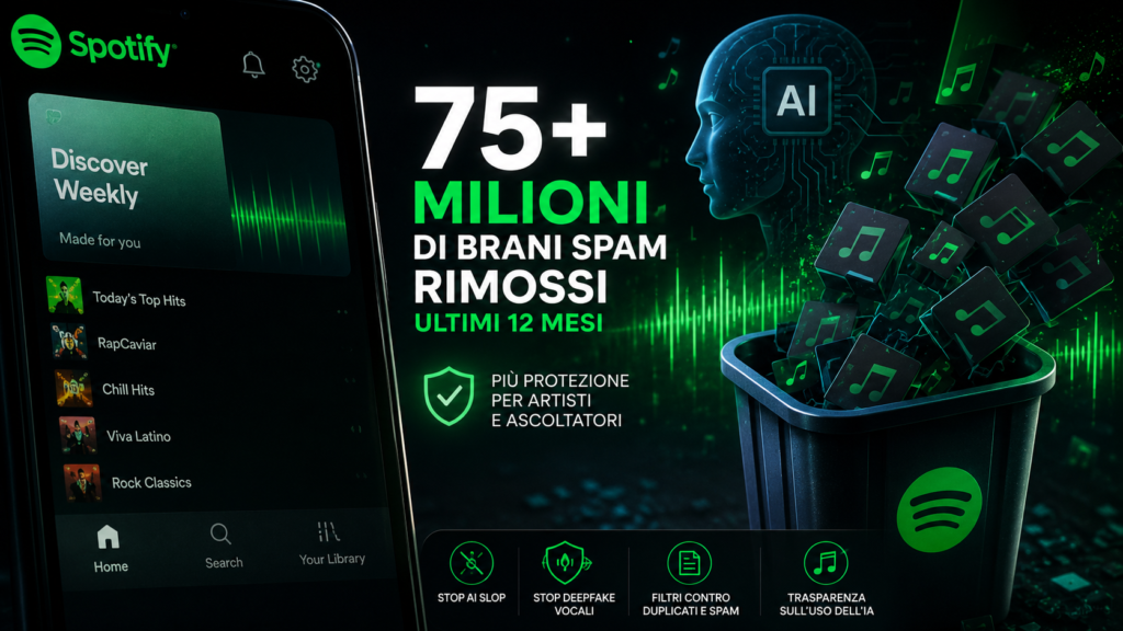 Spotify ha eliminato oltre 75 milioni di brani spam e introduce nuove regole contro IA slop, deepfake e frodi nello streaming.
